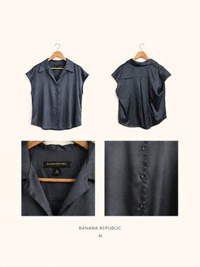 Banana Republic Slate Blue Satin Button Front Blouse Size M Cap Sleeve